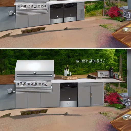 Image similar to an immaculate digital matte painting of a pacific northwest outdoor kitchen