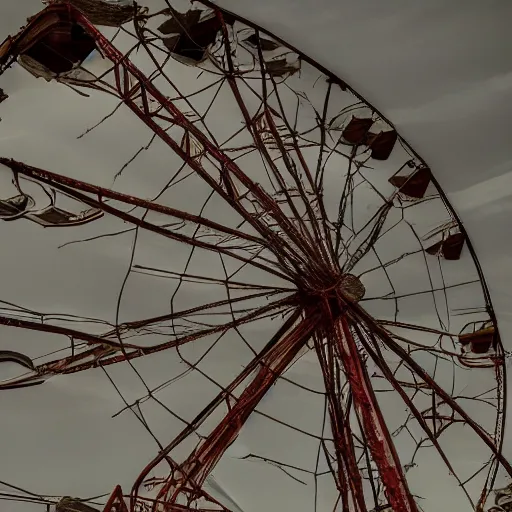 Image similar to an old abandoned rusty ferris wheel, in a town filled with pale yellow mist. Dystopian. Award-winning colored photo. OM system 12–40mm PRO II 40mm, 1/100 sec, f/2 8, ISO 800