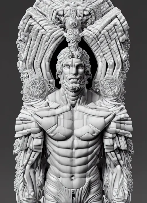 Image similar to stylized rainbow bismuth ornate statue full body made of marble of fabio, perfect symmetrical body, perfect symmetrical face, hyper realistic, hyper detailed, by johannen voss, by michelangelo, octane render, blender, 8 k, displayed in pure white studio room