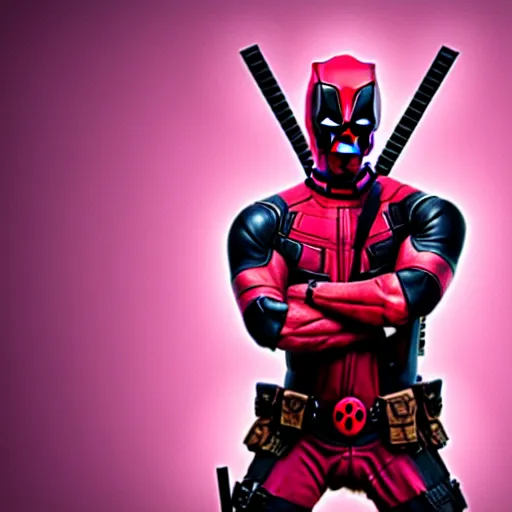 Prompt: Deadpool wearing a pink tutu doing a ballerina pose, holding his bloody katana, smiling at the viewer