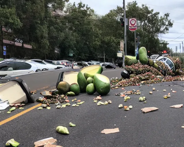 Image similar to picture of an overturned avocado truck, tons of avocados on the road that people are walking and picking up