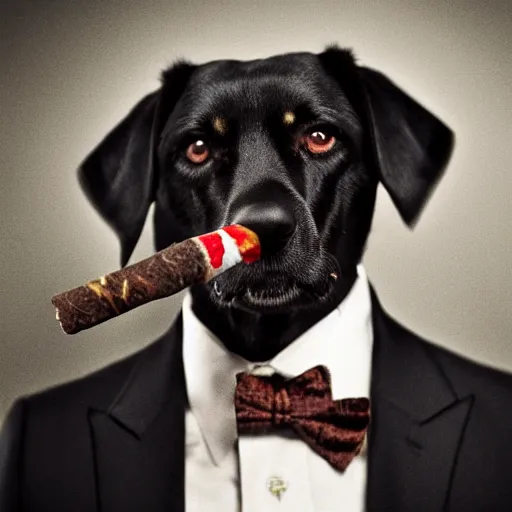 Image similar to a high detail closeup photograph of a dog wearing a suit 👔,and smoking a cigarrette🚬, award wining photograph