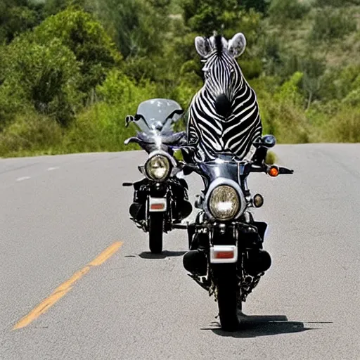 Prompt: zebra riding on a Harley Davidson on the road, funny picture