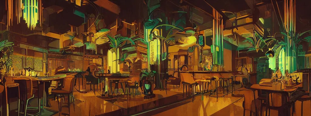 Image similar to concept art, crowded retro - futurist speakeasy, reflections, dark moody lighting, designer furniture, high ceiling, 6 0 s colour palette, beautiful plants, colourful flowers, floor lamps, multi - level, bladerunner, james jean, syd mead, akihiko yoshida, cinematic