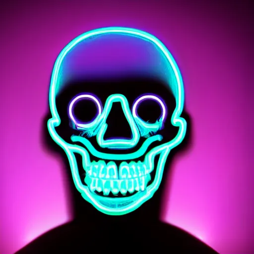 Image similar to cybernetic happy human scull with with , blue neon light and smoke and purple lighting