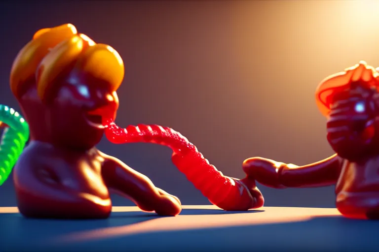 Image similar to two men eating one big gummy worm, rtx, sunlight, many details, octane render, high quality, 8 k