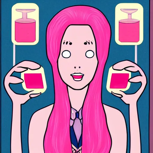 Image similar to realistic retro colored illustration of princess bubblegum by junji ito, with pink hair made of bubblegum, confident scientist performing experiments in her lab, dark retro pulp sci - fi