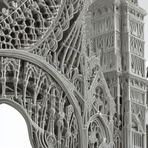 Prompt: a hyperrealistic 3 d render of a delicate ivory sculpture of an ornate detailed cathedral populated by mandelbrot fractals, micro detail, unreal engine, backlit lighting, octane renderer, catholicpunk, carved ivory, physically based rendering, carved soap, trending on cgsociety