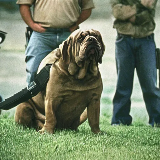 Image similar to film still of the 1 9 9 9 tv show'dog the bounter hunter '. a tv show about a mastiff dog that hunts criminals. sigma 8 5 mm f / 8