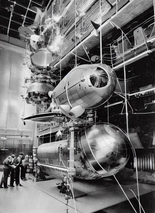 Image similar to vintage photograph of advanced spacecraft being serviced by humans in 1 9 6 0