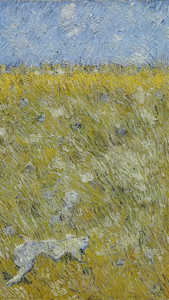 Image similar to A white and yellow dog was rolling in the field,In the style of Van Gogh.