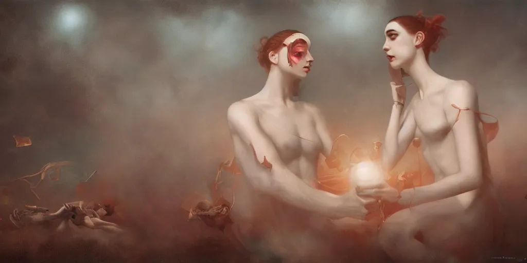 Image similar to The lovers, Tom Bagshaw, 8k, photorealism, global illumination, volumetric lighting, CGsociety, radiant light