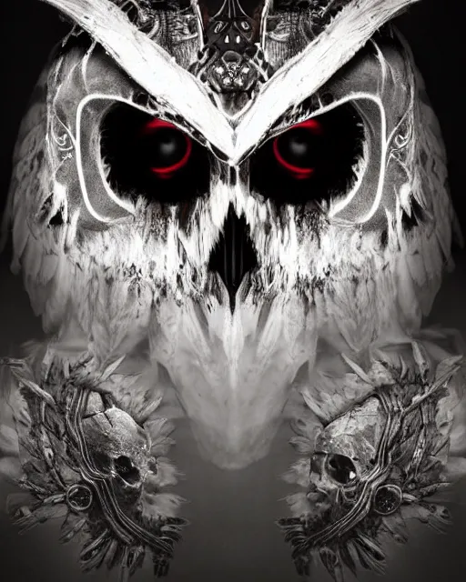 Image similar to owl - skull ghost - spirit of the grim - warpaint wears the scarlet armor and native blood headdress eyes, midnight fog - mist!, cinematic lighting, various refining methods, micro macro autofocus, ultra definition, award winning photo, photograph by ghostwave - gammell - giger - shadowlord