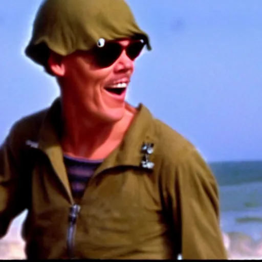 Image similar to photo realistic image of Matthew Lillard as shaggy from scooby doo, storming the beaches of Normandy in 1944, HD, high detail, photorealistic, Hollywood cinematic, Christopher Nolan