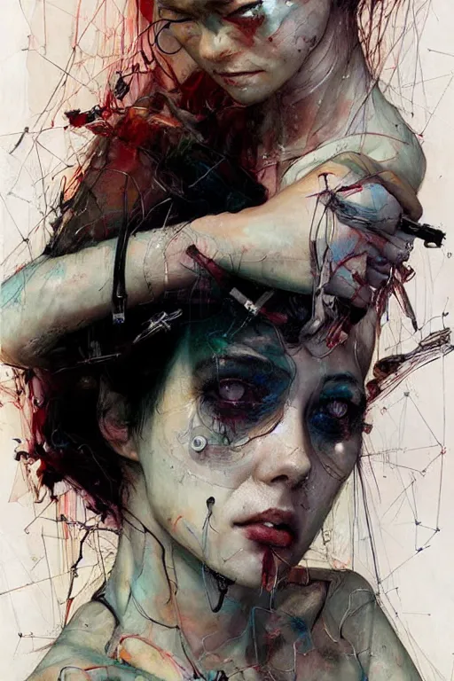 Image similar to young woman cyberpunk dream thief, wires cybernetic implants, in the style of adrian ghenie, esao andrews, jenny saville,, surrealism, dark art by james jean, takato yamamoto