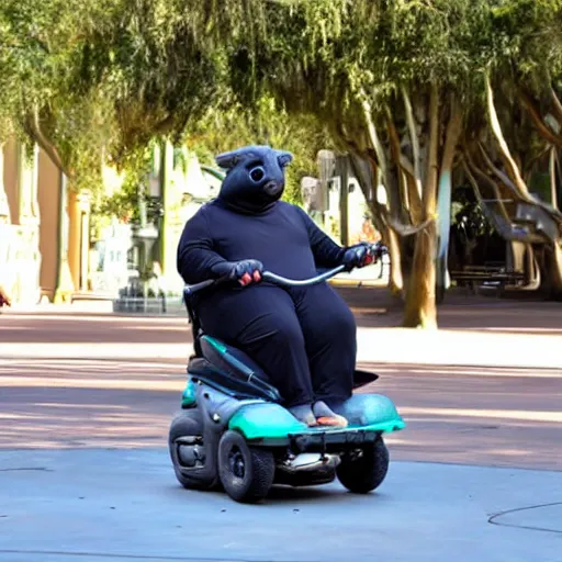 Prompt: morbidly obese rat riding a mobility scooter at disneyworld, photo