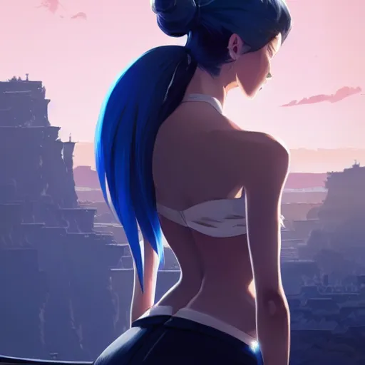 Image similar to low - angle shot from behind of a long blue ponytail girl in a tailcoat overlooking noxus, noir, screenshot, sharp focus, intricate, illustration, cell shaded, digital painting, highly detailed, art by ilya kuvshinov, wlop, greg rutkowski, studio quality, james jean