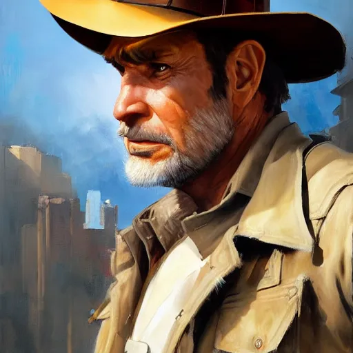 Image similar to greg manchess portrait painting of partially armored indiana jones as overwatch character, medium shot, asymmetrical, profile picture, organic painting, sunny day, matte painting, bold shapes, hard edges, street art, trending on artstation, by huang guangjian, gil elvgren, ruan jia, randy vargas, greg rutkowski