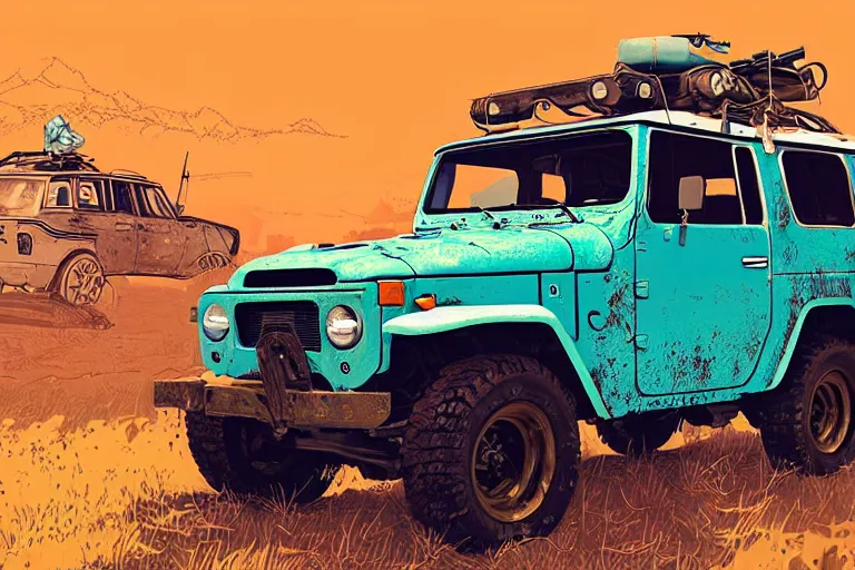 Image similar to digital illustration of a faded cyan mad max's fj 4 0 decrepit!!!! pursuit special, rusty!!! nissan fj cruiser heavily modded 1 9 9 0 s, the last v 8 interceptor by makoto shinkai, ilya kuvshinov, lois van baarle, rossdraws, basquiat