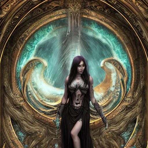 Image similar to priestess of the damned, megan fox, 8 k resolution, concept art, detailed matte painting, eldritch, unreal engine, gustave dore, detailed painting, maximalist, 4 k, 8 k resolution, 3 d shading, rendered in blender, astral aurora, hyperdetailed, intricate, polished