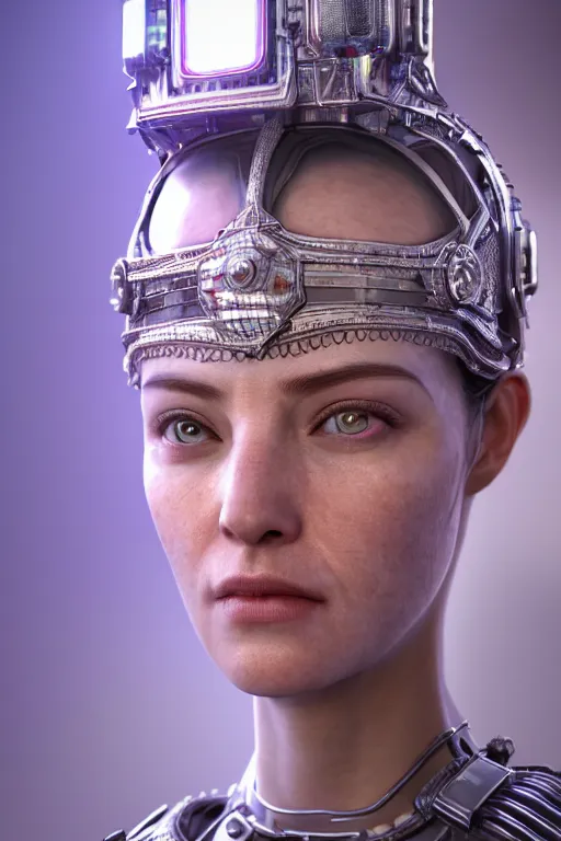 Image similar to 3 / 4 portrait, queen emma, crown, transparent skin, hyperrealism, detailed textures, photorealistic, 3 d cyberpunk apocalyptic city, futuristic clothing and helmet, ultra realistic, cinematic, intricate, cinematic light, unreal engine 8 k, octane render, unreal engine by david kostic and stanley lau and artgerm