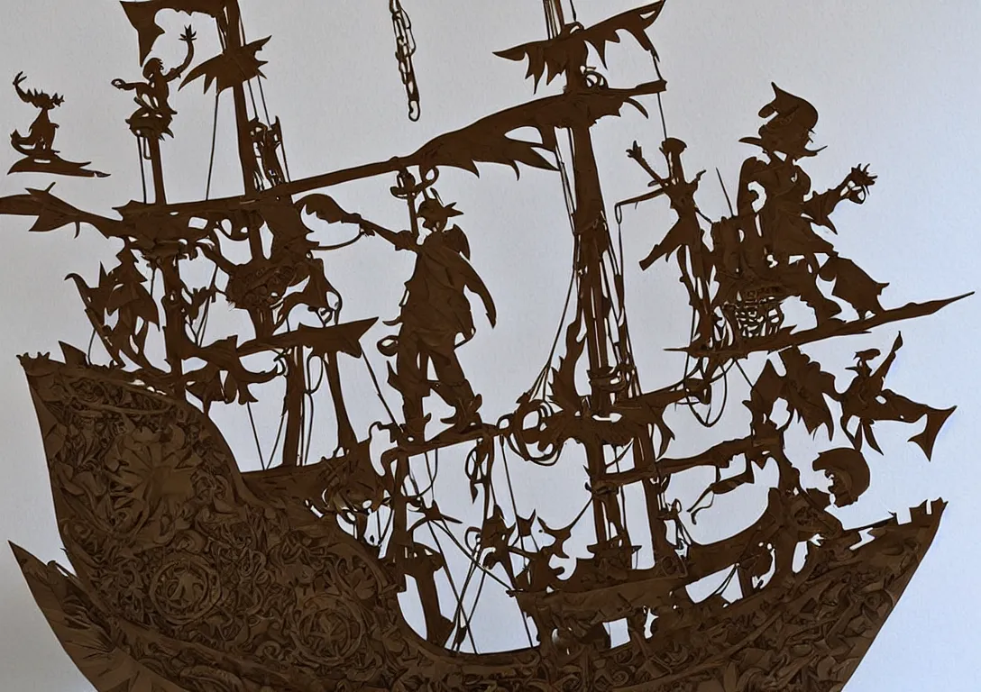 Image similar to a stylized cut paper sculpture of peter pan and captain hook on a pirate ship