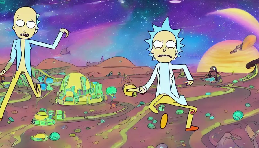 Prompt: galaxy, planets, civilization, e - scooter invasion, rick and morty style