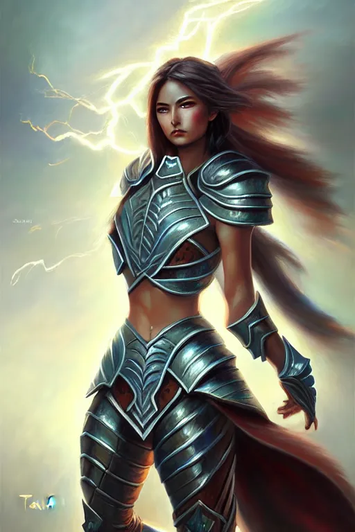 Image similar to oil painting, sakimi chan, fantasy armor, detailed face, feet, white skin, dramatic lighting, tony sart, wind, lightning