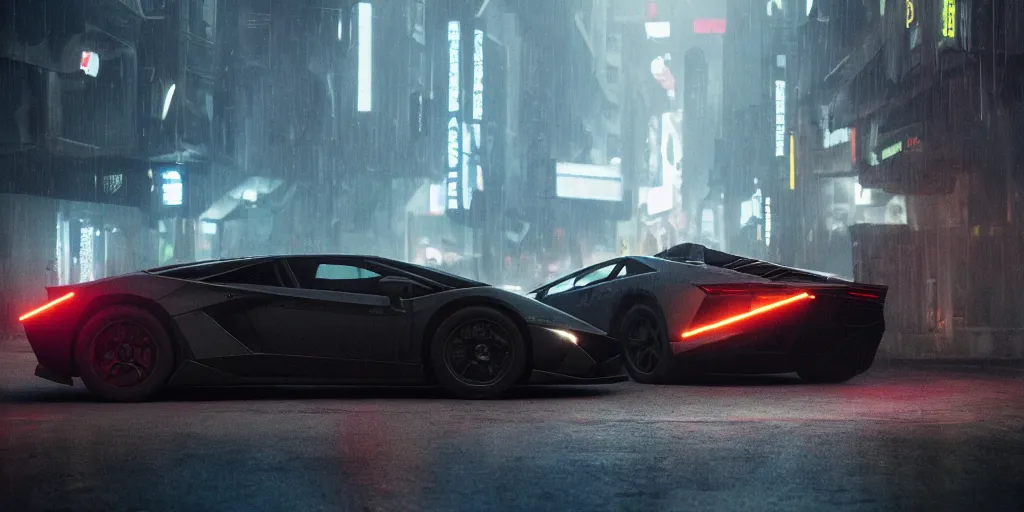 Image similar to A cinematic film still of a Lamborghini in the movie Blade Runner: 2049.