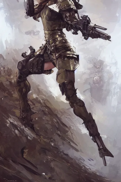 Prompt: a professionally painted full body portrait of an attractive young female clothed in military-style battle armor, olive skin, long dark hair, beautiful bone structure, symmetrical facial features, intricate, elegant, digital painting, concept art, smooth, sharp focus, illustration, finely detailed, from Metal Gear by Ruan Jia and Mandy Jurgens and Artgerm and William-Adolphe Bouguerea