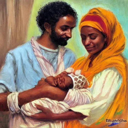 Image similar to a pregnant east african woman with an egyptian man with curly hair in a delivery room, holding newborn baby, very happy, warm colors, vintage, impressionist painting, fine art, oil painting, dreamy, pastel, intricate details, sharp, peaceful, serene