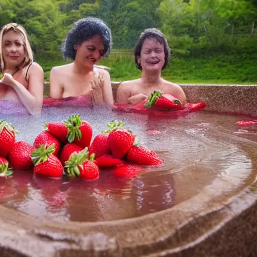 Prompt: women bathing in a bath full of strawberries, no water, only strawberries