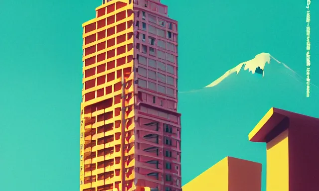 Image similar to Japan Tsutenkaku Tower, a poster design for a contemporary graphic design exhibition, by Wes Anderson, KAWS, open negative space, clean color and neon fluorescent airbrush accents graphic design volumetric octane render