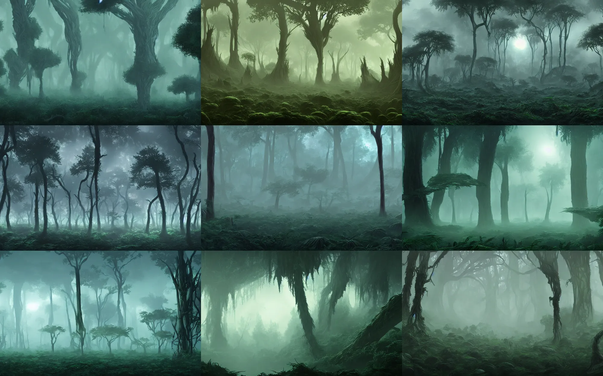 Prompt: alien planet landscape wild dense foggy alien forest trees with big leaves intricate detail artstation
