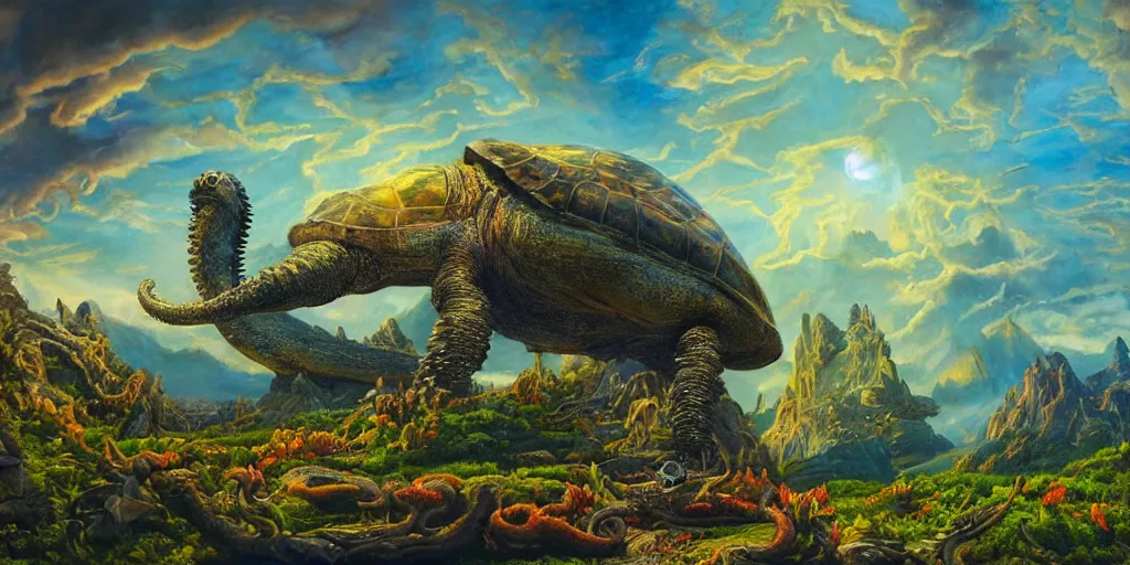 Image similar to fantasy oil painting, great leviathan, cybernetic turtle cephalopod terrapin reptilian pachyderm squid, bella hadid, hybrid, milla jovovich, anubis, epic natural light, lush plants flowers, spectacular mountains, bright clouds, luminous sky, outer worlds, golden hour, michael cheval, edward hopper, michael whelan, vray, hd