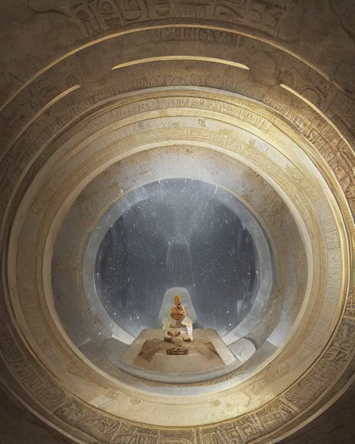 Image similar to greg rutkowski digital painting of an ornate and royal egyptian antechamber tomb, a circular pool in the tomb showing the galaxy, unreal engine, hyper realism, realistic shading, cinematic composition, blender render, octane render, hdr, detailed textures, photorealistic, ultrawide shot, 3 5 mm film