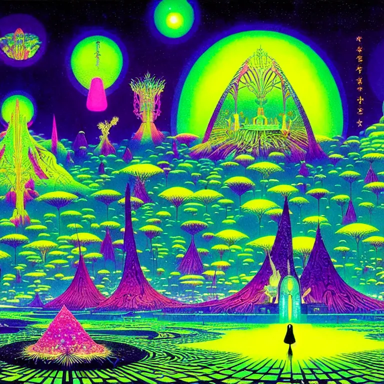 Image similar to mysterious ufo hovering over magical crystal temple, bright neon colors, highly detailed, cinematic, hiroo isono, eyvind earle, philippe druillet, roger dean, lisa frank, aubrey beardsley, ernst haeckel