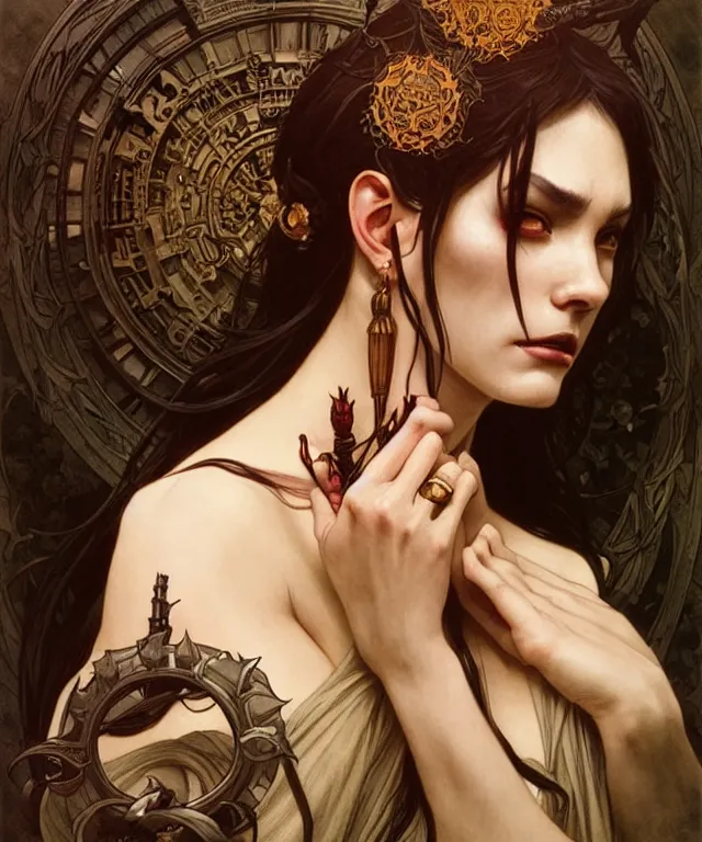 Image similar to a powerful angry demon witch, portrait, intricate, elegant, highly detailed, smooth, sharp focus, art by artgerm and greg rutkowski and alphonse mucha