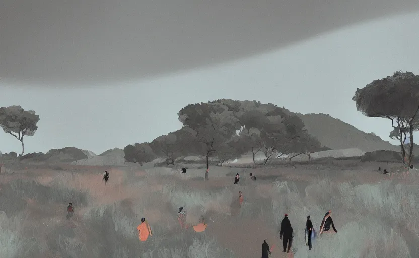 Prompt: it feels like something to be anything. Landscape with people. Rough strokes. Interesting colour scheme, muted colour. Detailed. Beautiful digital art by artist Lurid. (2022)