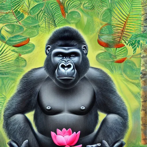 Prompt: Gorilla meditating in the lotus position with his seven chakras lit up, early dawn, forest, dew, close up, high detail, hyperrealistic