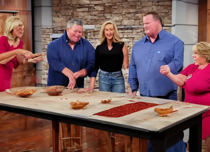 Image similar to qvc tv show product showcase pile of nasty chili spilled on the floor, chunky sloppy fat men no shirts slipping in chili on the floor, wet, studio, 3 payments of $ 2 4 limited time offer, call now, extremely detailed, portraits, 4 k, hd