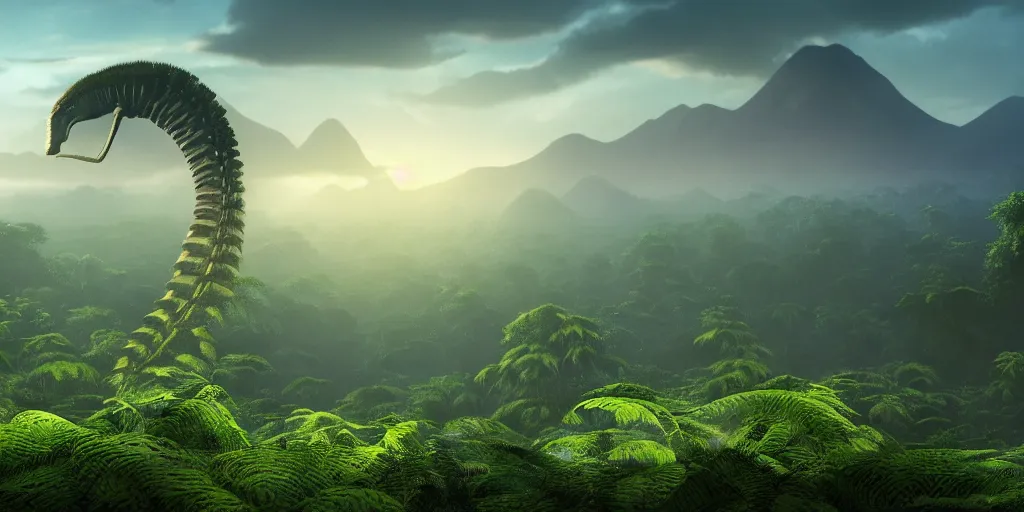 Image similar to a distant prehistoric fern jungle, a silhouette of a distant sauropod head in the background, mountains, clouds, volumetric lighting, hazy, washed out, an award winning digital render, beautiful, ultradetailed, hyperrealistic, great composition