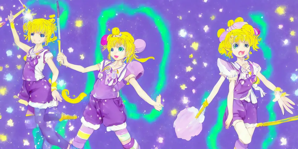 Prompt: A character sheet of a magical girl holding a paintbrush with short blond hair and freckles wearing an oversized purple Beret, Purple overall shorts, jester shoes, a flowing yellow scarf, and white leggings covered in stars. Rainbow accents on outfit. Concept Art. Card captor Sakura inspired. Sailor Moon Inspired. Madoka Magica Inspired. By Naoko Takeuchi. By CLAMP. By WLOP. JPOP Outfit. KPOP Outfit