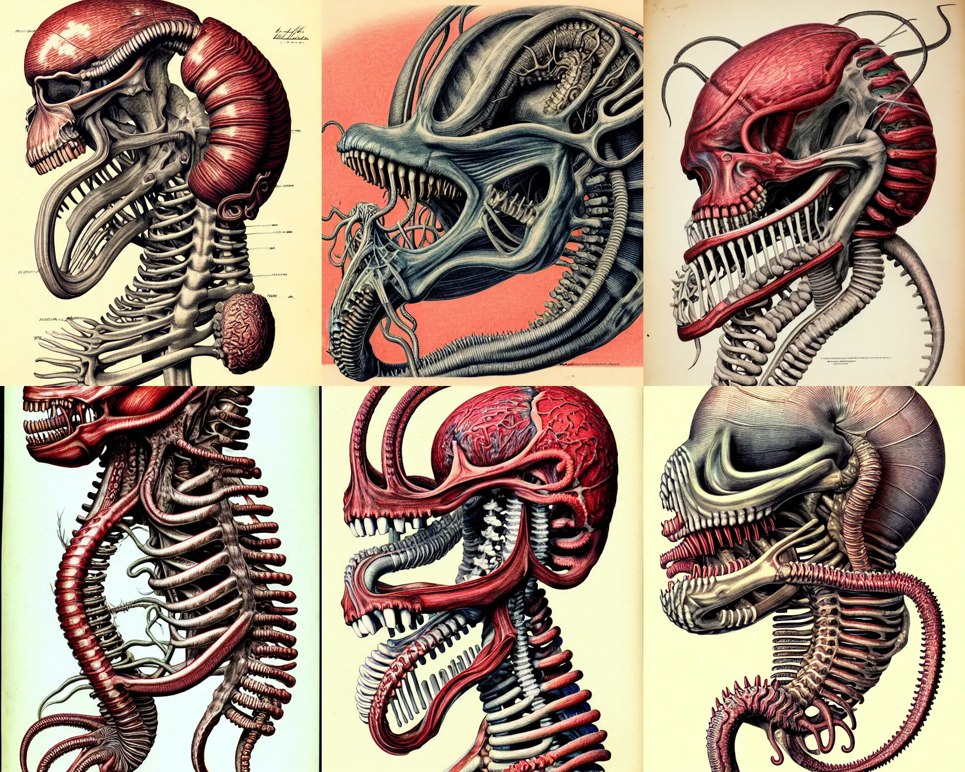 Prompt: hyper-detailed color pencil antique medical illustration of Kaiju head cross-section, nautilus brain, ribcage, xenomorph, with tentacles coming out of open mouth and exposed jaw bone, cervical spinal column, vertebra, arteries, cerebral corpus callosum, interventricular foramen, symmetrical
