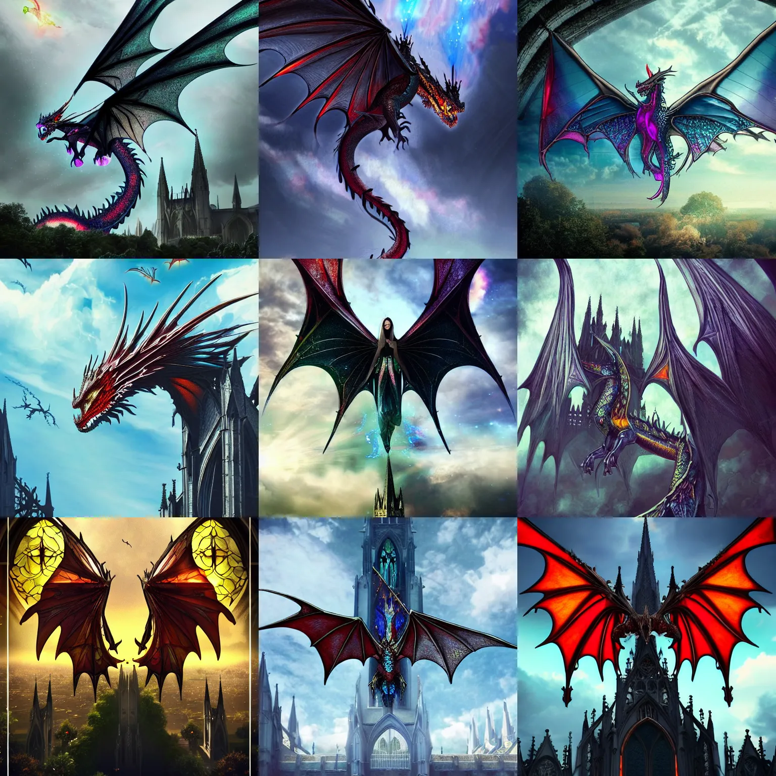 Prompt: outside exterior view flying stain glass dragon wings gothic butress cathedral lens laser dragon in the sky, artstation, cinematic, concept art, 8k, Pinterest, cgsociety, hyper detailed, ultra realistic, illustration, epic, high resolution, post processing, high quality,