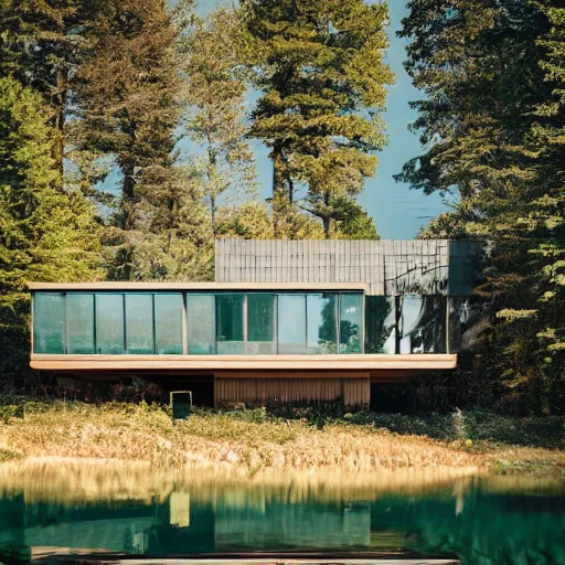 Image similar to wes anderson style modern futuristic house near the lake and forest, cinematic, realism, photo, hd