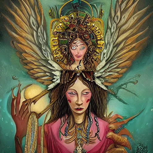 Prompt: an ancient lovecraftian like godess with wings and jewelllery on its head watching silently painting by belksinski