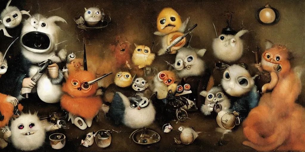 Image similar to a small group of furbies smoking weed!!!!! ( ( ( hieronymus bosch painting ) ) ) furbies with realistic bongs!! smoking pipes!! and joints!!, smoke! fills the air of a small room, studio lighting