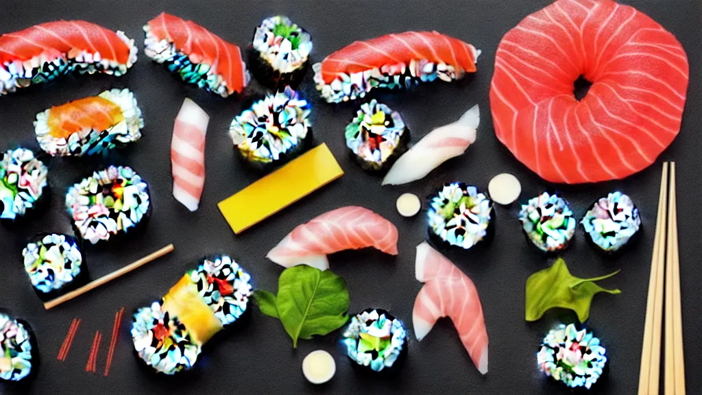 Image similar to an arrangement sushi, japan, a collage painting, in the style of wes anderson, lola dupre, david hockney, isolated on negative white space background dark monochrome neon spraypaint accents volumetric octane render