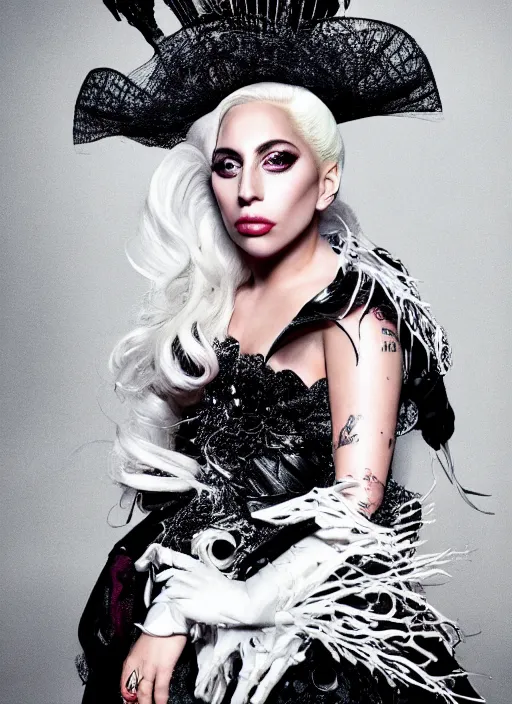 Image similar to lady gaga styled by nick knight posing, photohoot as a doll, set pieces, intricate set, vogue magazine, canon, highly realistic. high resolution. highly detailed. dramatic. 8 k. 4 k.